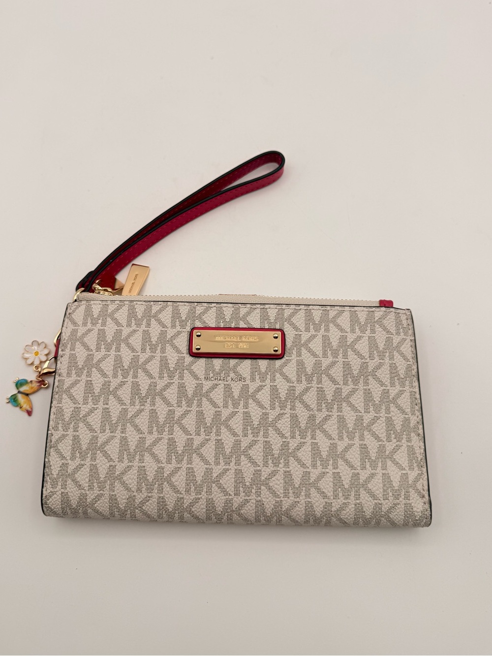 MICHAEL KORS Vanilla Signature Double Zip Wristlet Wallet + Butterfly Charm